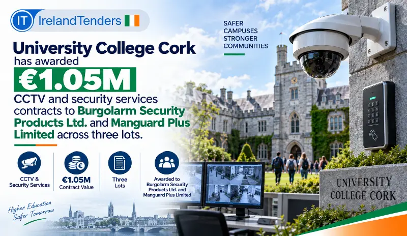 University College Cork has awarded €1.05M CCTV and security services contracts to Burgolarm Security Products Ltd. and Manguard Plus Limited across three lots.
