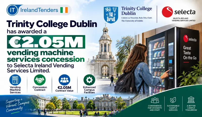 Trinity College Dublin has awarded a €2.05M vending machine services concession to Selecta Ireland Vending Services Limited.